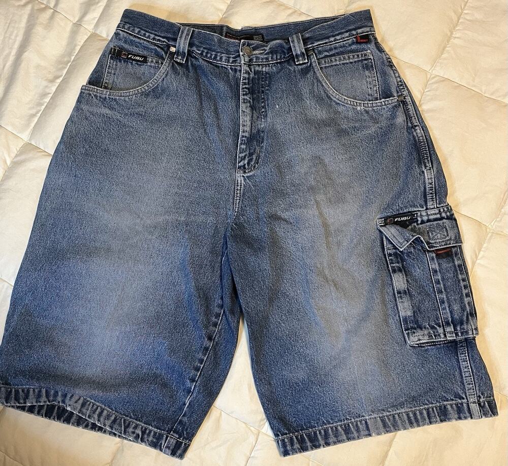 Vintage FUBU Cargo Baggy Blue Jean Shorts Mens 36 Hip Hop Skater Y2K 90s Jorts